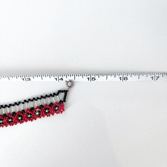 Handmade Women's Ukrainian Floral Beaded Choker Necklace Red Black Silver - Picture 5 of 5